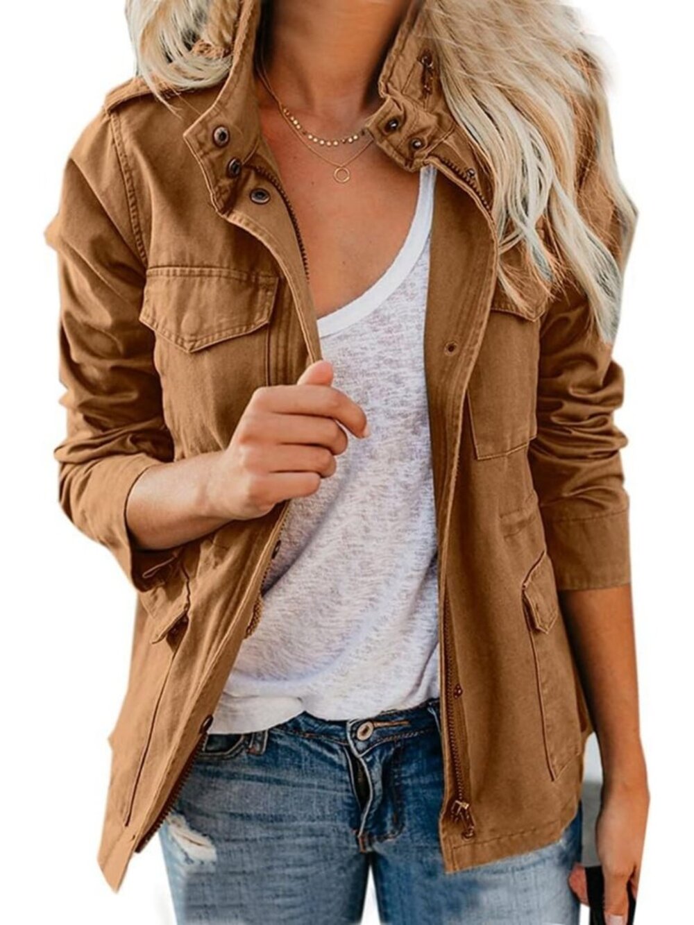 Chic Women's Fall Utility Safari Jacket with Stand Collar & Zip Up Closure